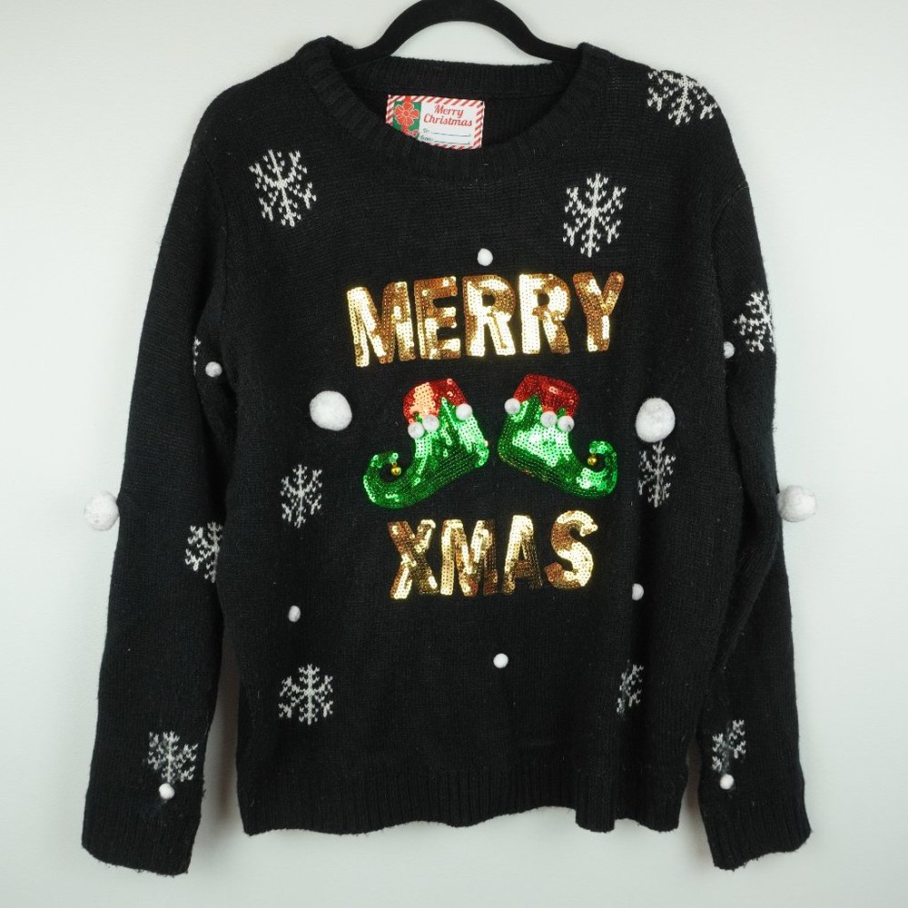 Merry Christmas Black Sequine Merry Christmas Pom Pom Crew Neck‎ Sweater Large